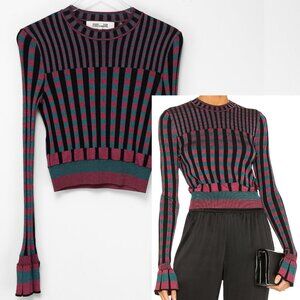 Diane von Furstenberg Clemment Top Stretch Ribbed Knit Hollyberry Gingham XS